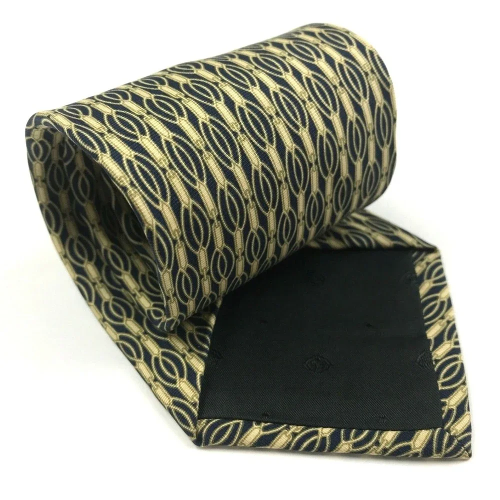 Ermenegildo Zegna Beige/Light Gold Navy Blue 100% Silk Necktie Made in Italy 56